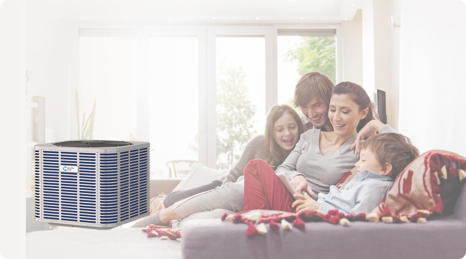 A family has a relaxing and happy time at home with an inverter heat pump.